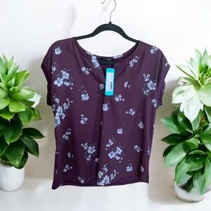 Papermoon Floral Blouse V-Neck Short Sleeve Casual Top Plum Purple Size SP
